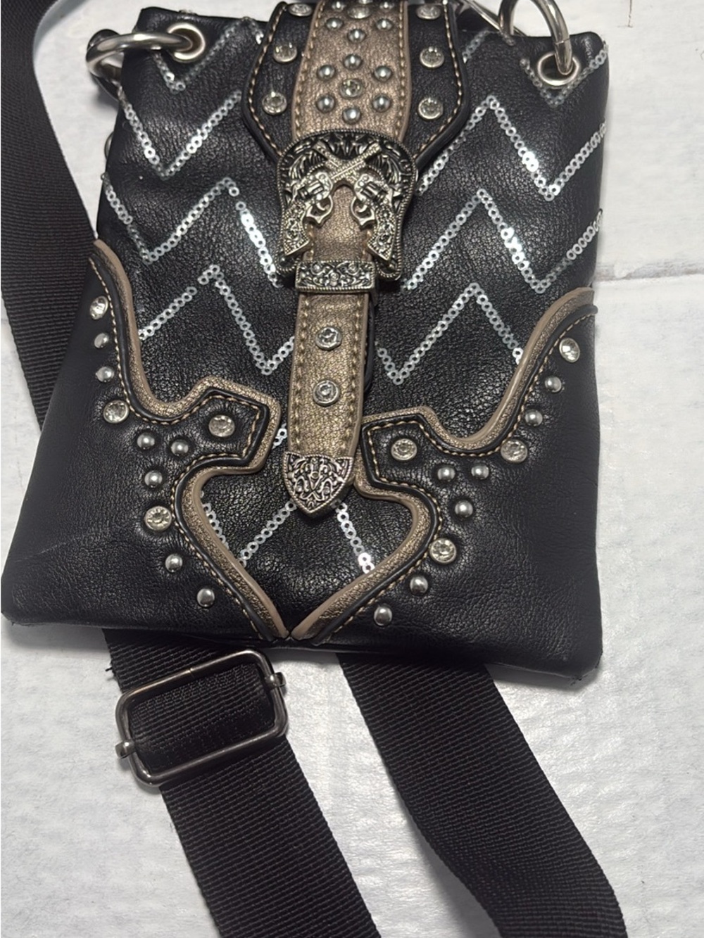Studded Western Crossbody Bag with Chevron Sequins